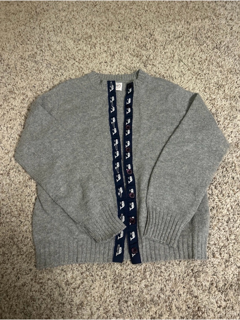 PRECO Gray Cardigan with Navy Trim and Button Placket